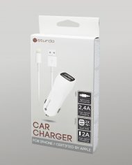 Duálna USB autonabíjačka Sturdo biela s káblom Lightning MFi – box